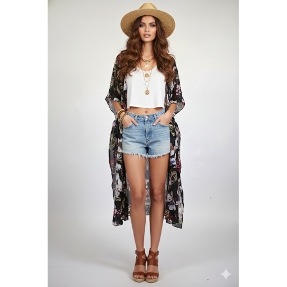 Walter Baker Duster Kimono Womens One Size‎ Black Open Floral Tropical Chiffon